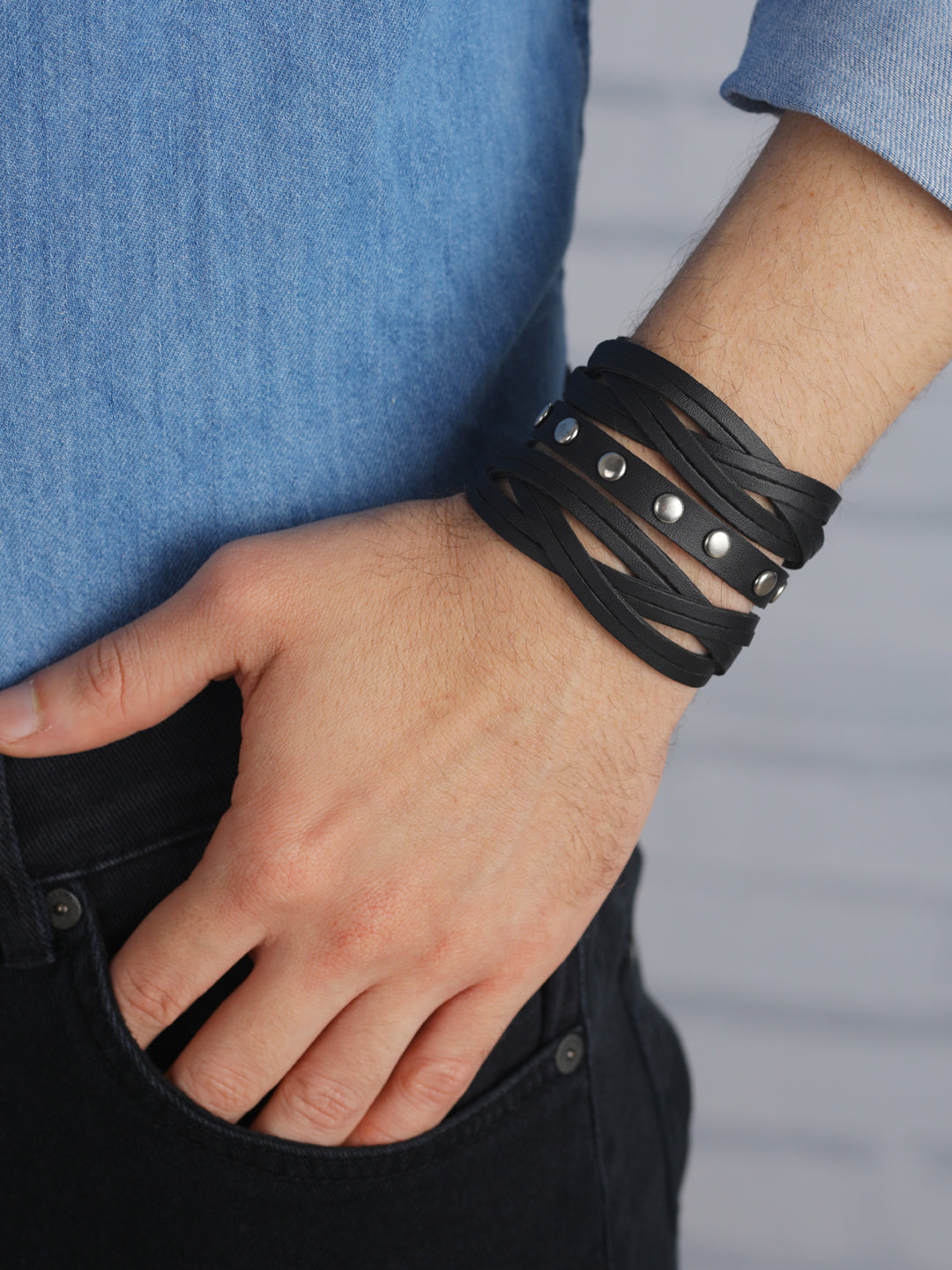 Black Weaved Multistrand PU Bracelet for Men