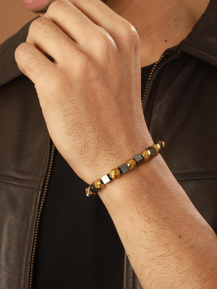 Bold by Priyaasi Twisted Sphere Cube Black & Gold-Toned Bracelet for Men