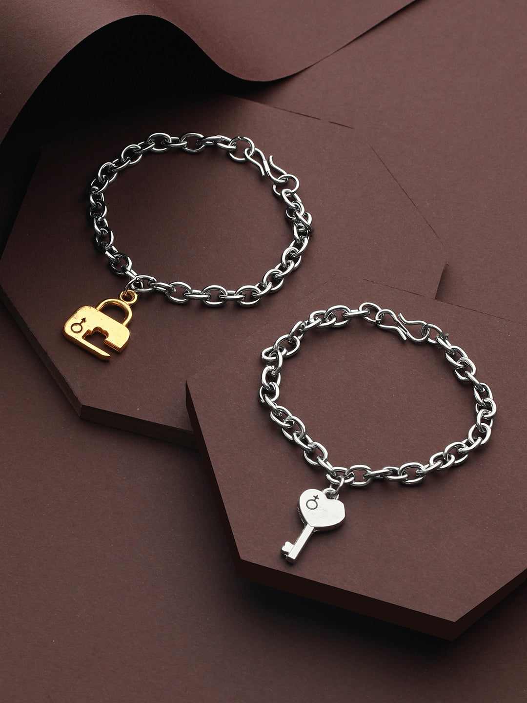 Bold by Priyaasi Key to Heart Lock Gold Silver-Plated Link Chain Couple Bracelets