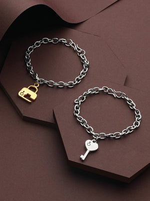 Bold by Priyaasi Key to Heart Lock Gold Silver-Plated Link Chain Couple Bracelets
