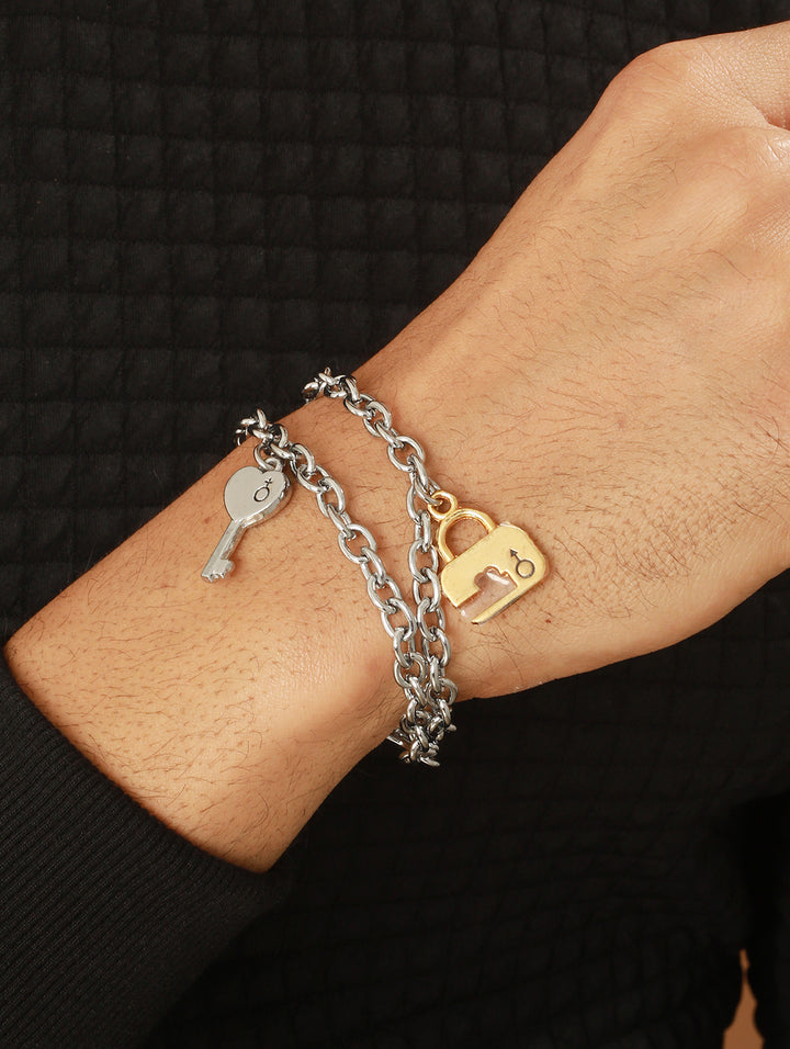 Bold by Priyaasi Key to Heart Lock Gold Silver-Plated Link Chain Couple Bracelets