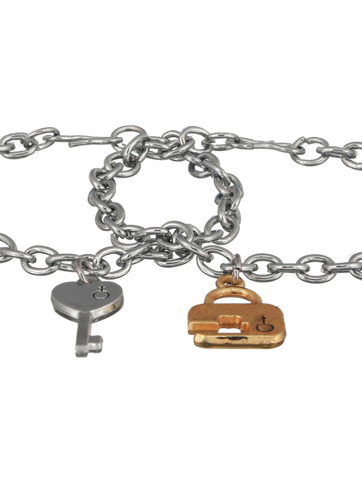 Bold by Priyaasi Key to Heart Lock Gold Silver-Plated Link Chain Couple Bracelets
