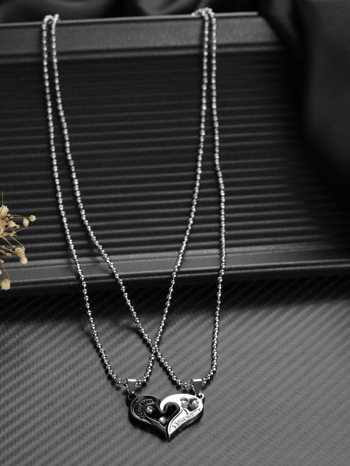 Bold by Priyaasi Black & Silver Detachable Heart Necklace Set for Couples