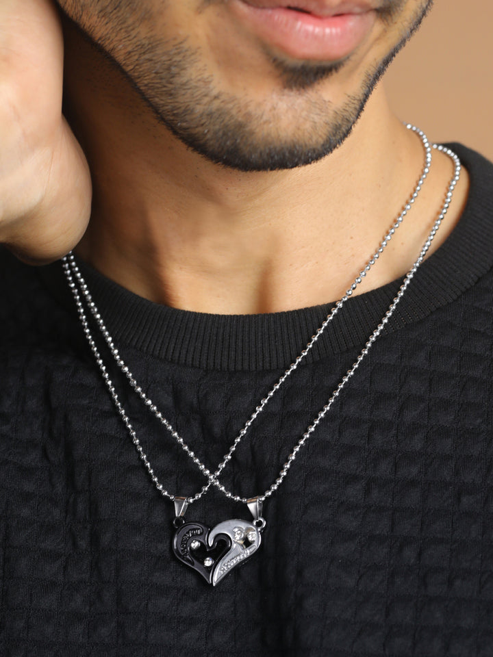 Bold by Priyaasi Black & Silver Detachable Heart Necklace Set for Couples