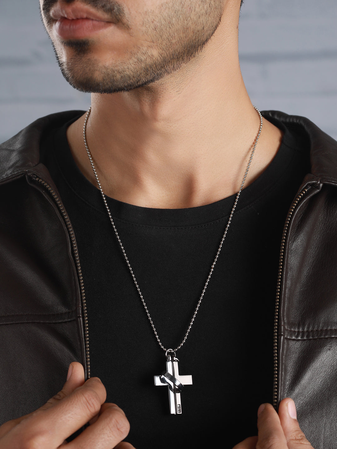 Bold by Priyaasi Silver-Plated Cross Ring Chain Necklace for Men