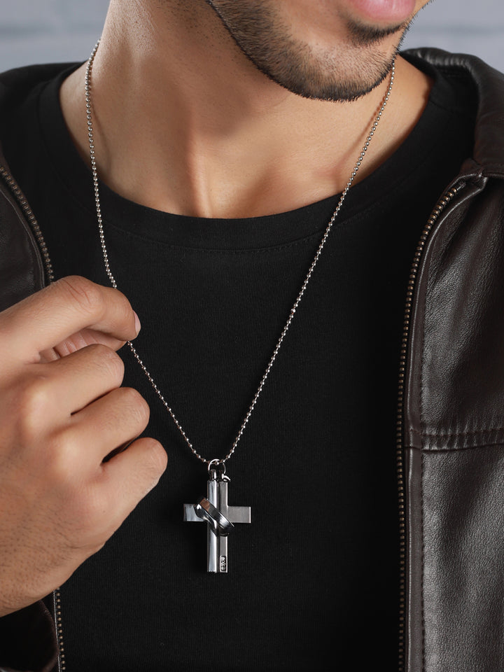 Bold by Priyaasi Silver-Plated Cross Ring Chain Necklace for Men