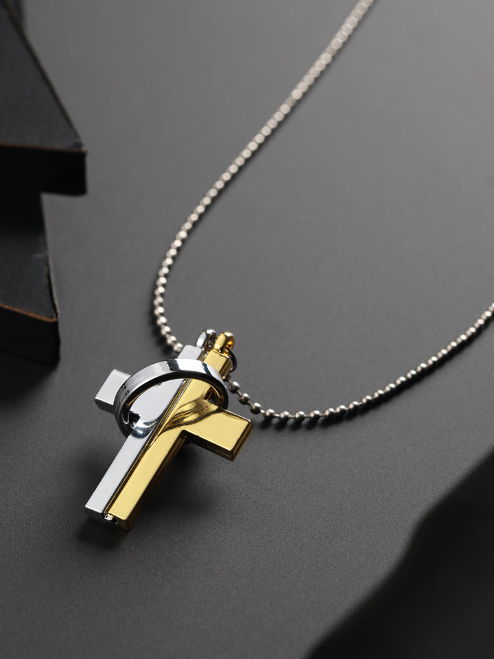 Bold by Priyaasi Dual-Toned Gold Silver Cross Ring Chain Necklace for Men