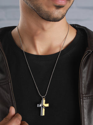 Bold by Priyaasi Dual-Toned Gold Silver Cross Ring Chain Necklace for Men