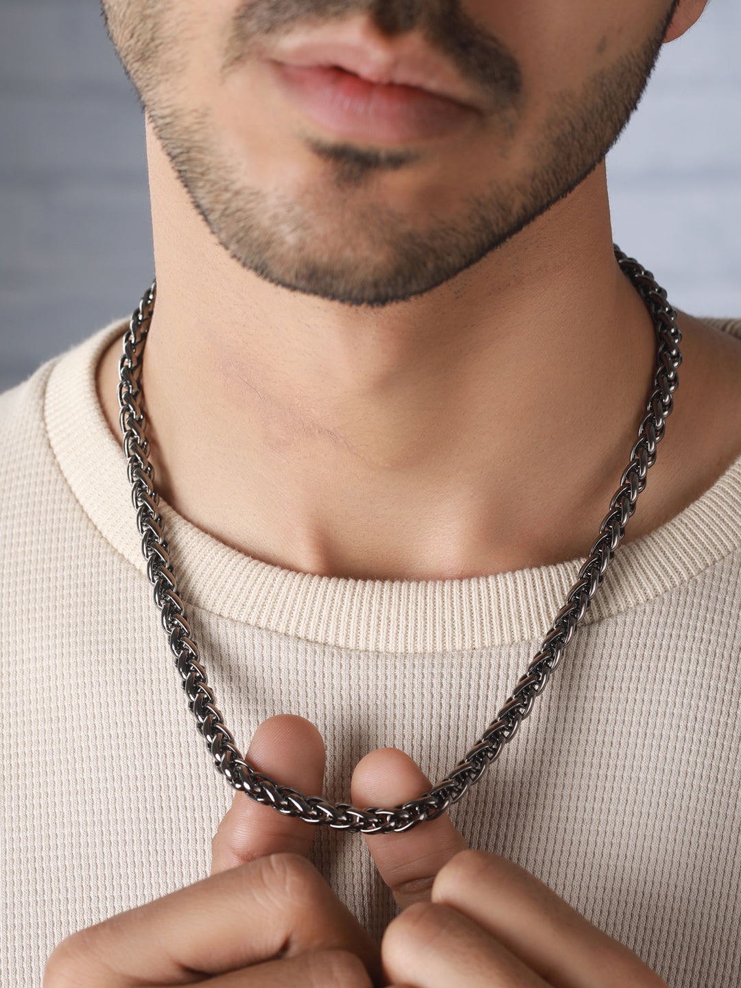 Bold by Priyaasi Sturdy Silver-Plated Wheat Chain Style Link Chain for Men