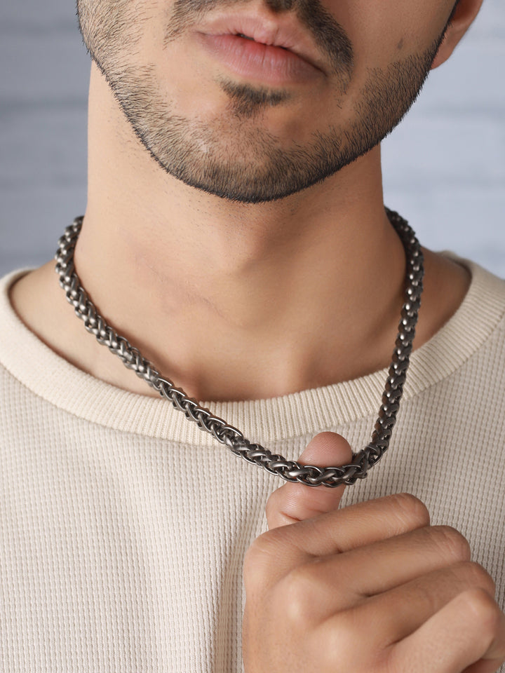Bold by Priyaasi Sturdy Silver-Plated Wheat Chain Style Link Chain for Men