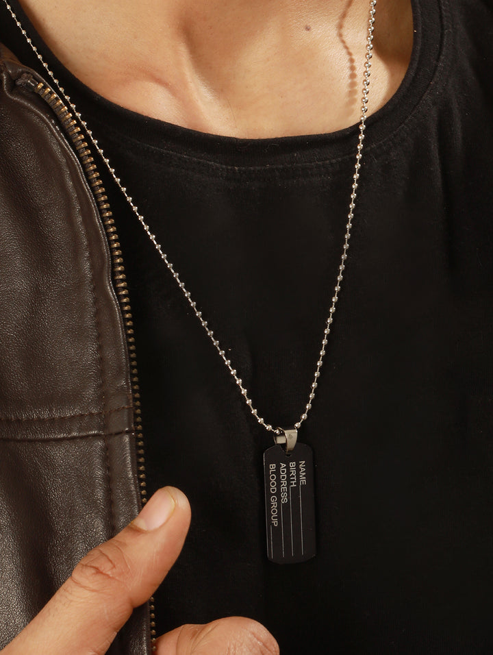 Bold by Priyaasi Black Name Tag Beaded Silver-Plated Pendant Chain for Men