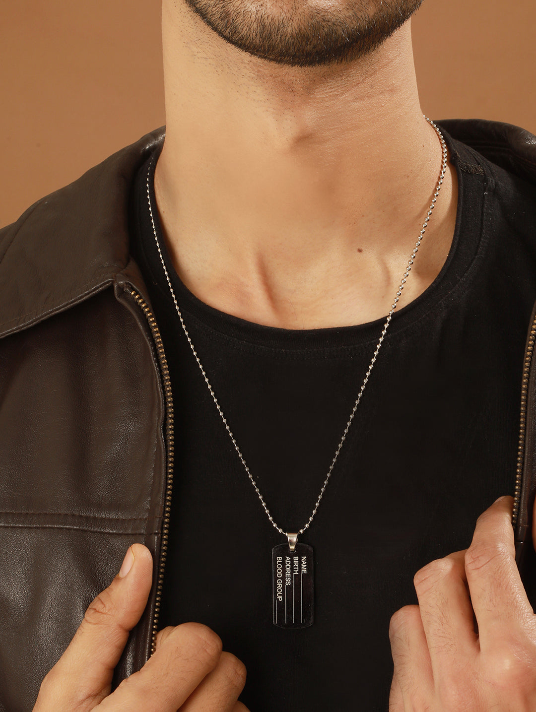 Bold by Priyaasi Black Name Tag Beaded Silver-Plated Pendant Chain for Men