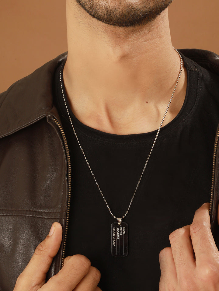 Bold by Priyaasi Black Name Tag Beaded Silver-Plated Pendant Chain for Men