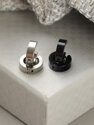 Round Black Silver-Plated Stud Earring Set for Men