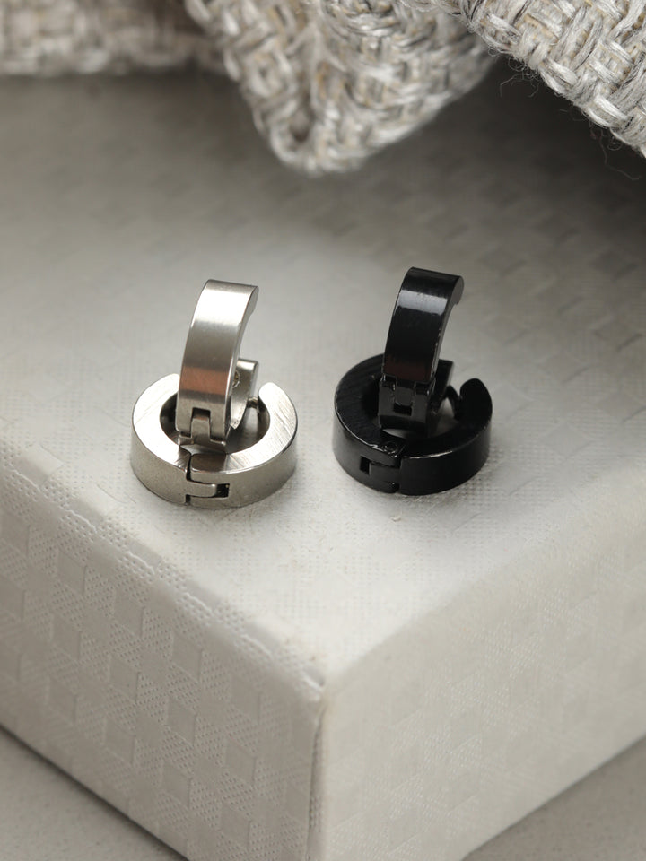 Round Black Silver-Plated Stud Earring Set for Men