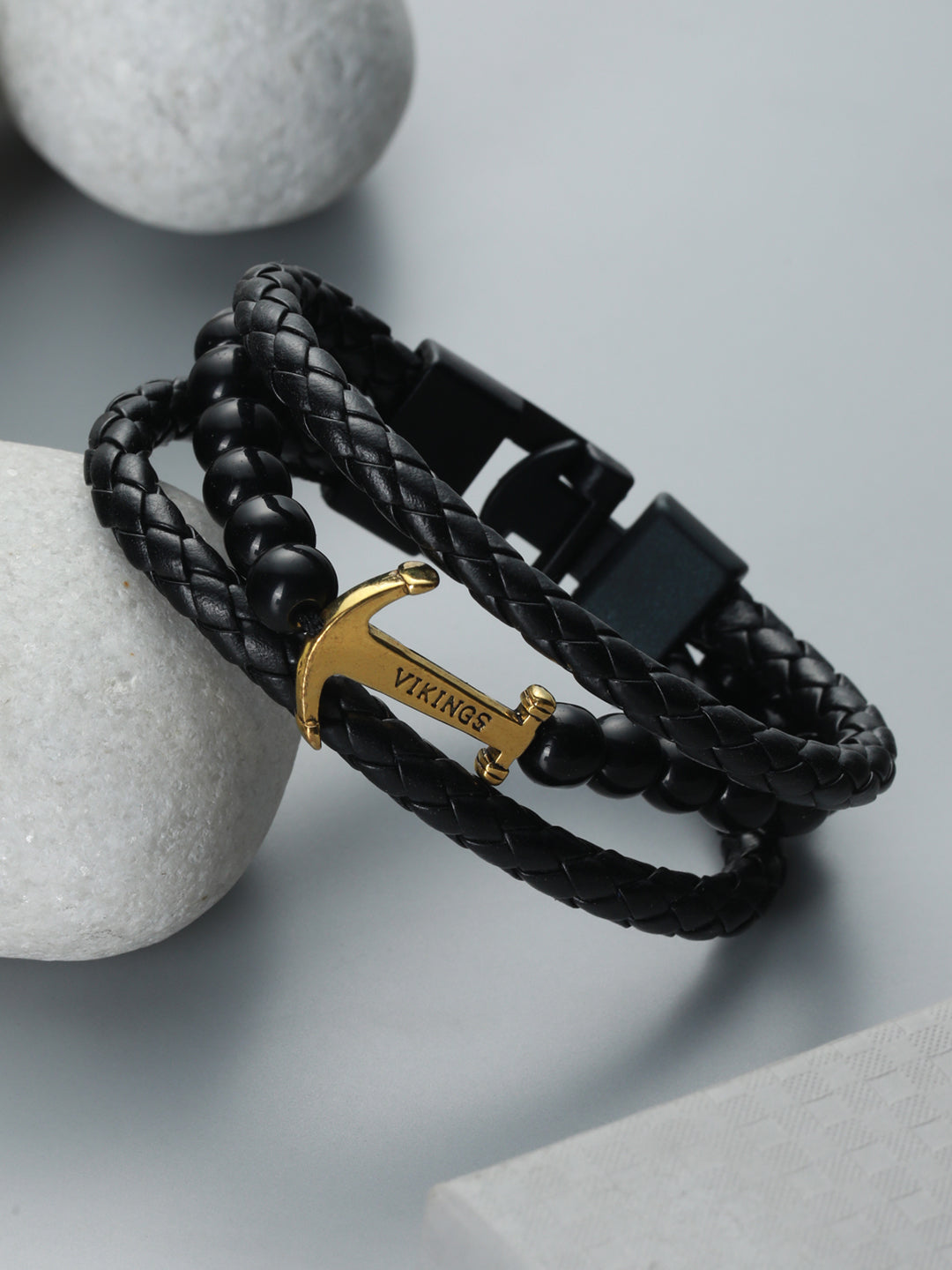 Men's Stainless Steel Anchor & Black Leather Wrap Bracelet
