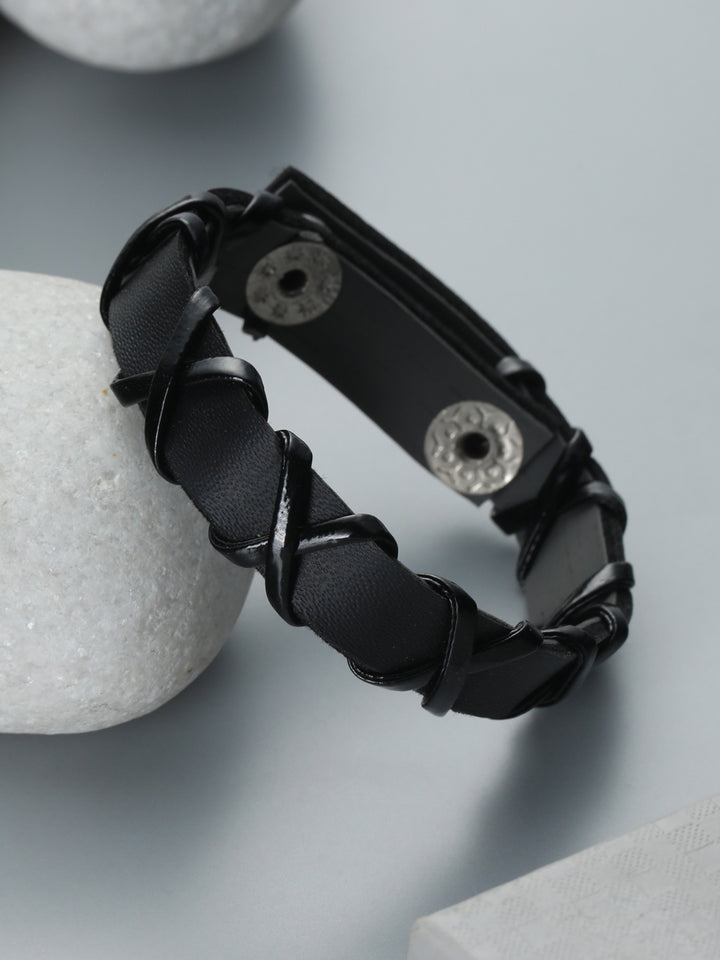 Bold by Priyaasi Black Cross PU Wraparound Bracelet for Men