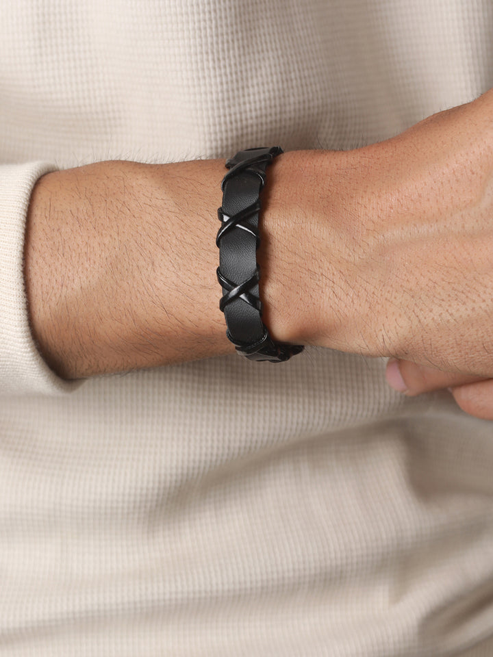 Bold by Priyaasi Black Cross PU Wraparound Bracelet for Men