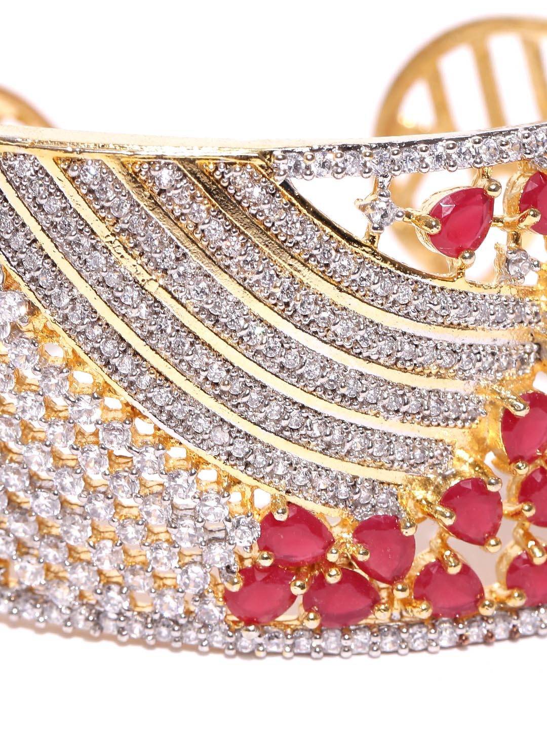 Gold-Plated Ruby and American Diamond Studded Cuff Bracelet in Magenta Color