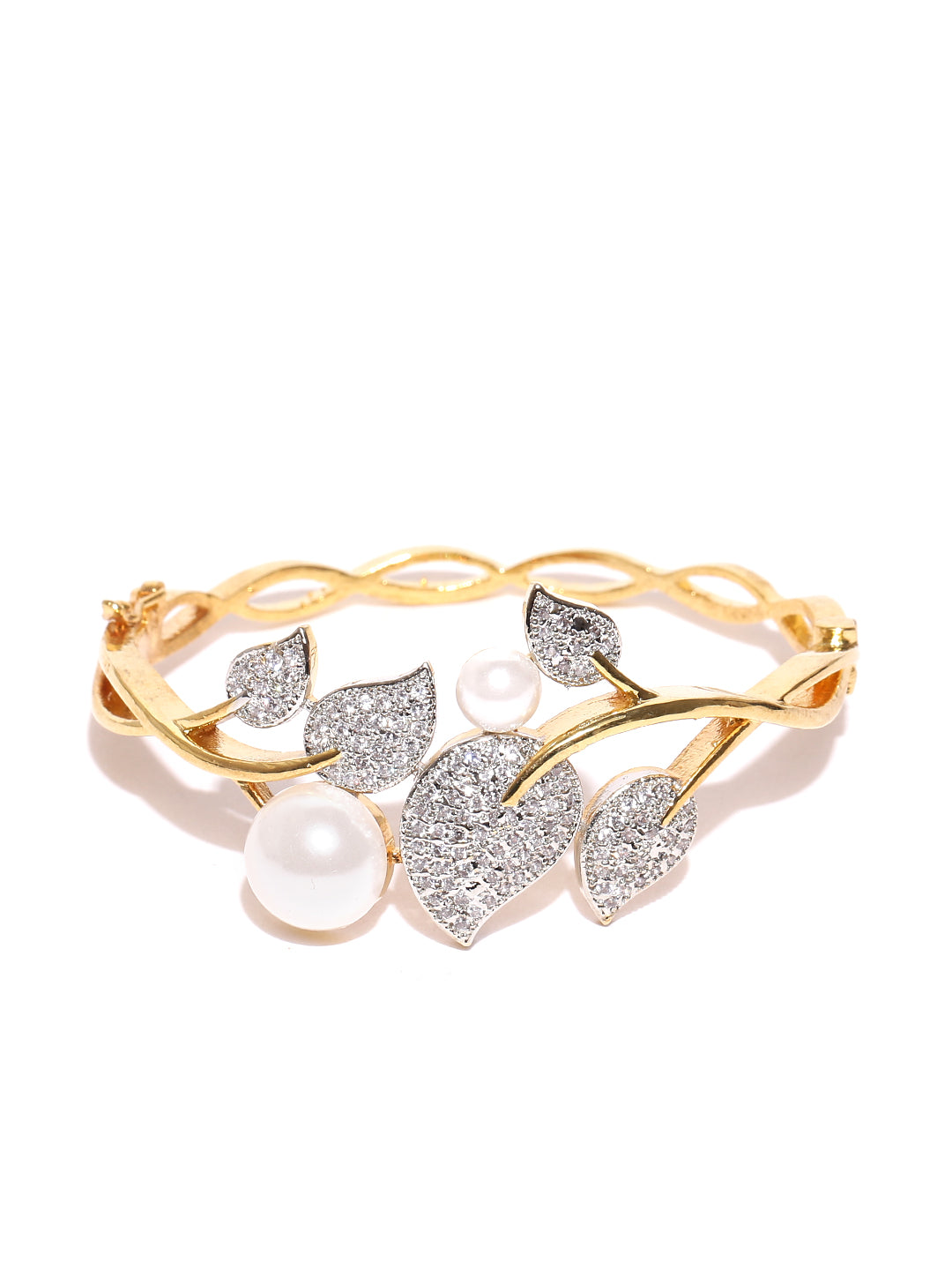 Gold-Plated American Diamond and Pearls Studded Bracelet in Floral Pattern