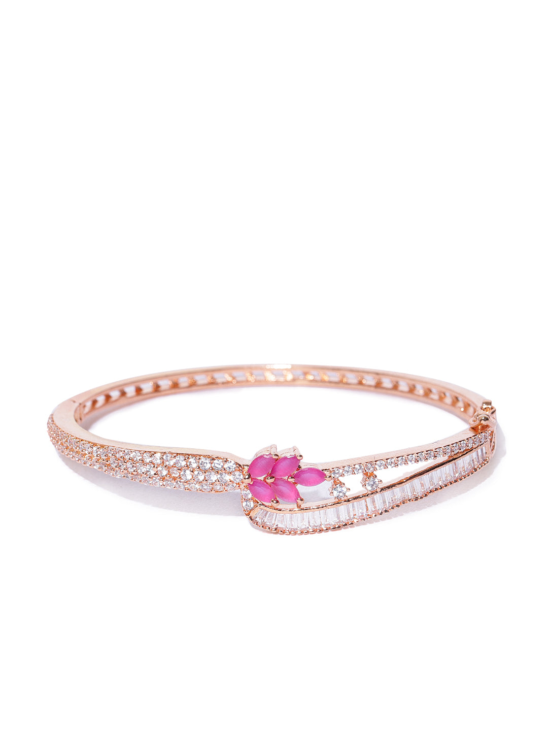 Rose Gold-Plated Ruby and American Diamond Studded Bracelet in Floral Pattern