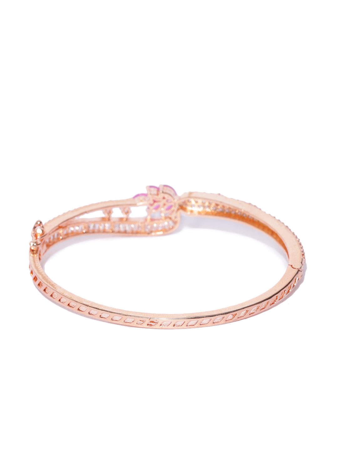 Rose Gold-Plated Ruby and American Diamond Studded Bracelet in Floral Pattern
