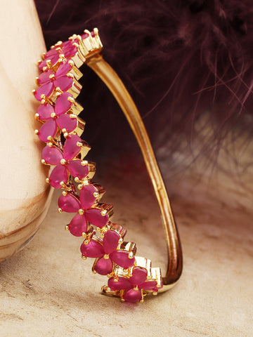 Ruby Stones Studded Gold-Plated Bracelet in Floral Pattern