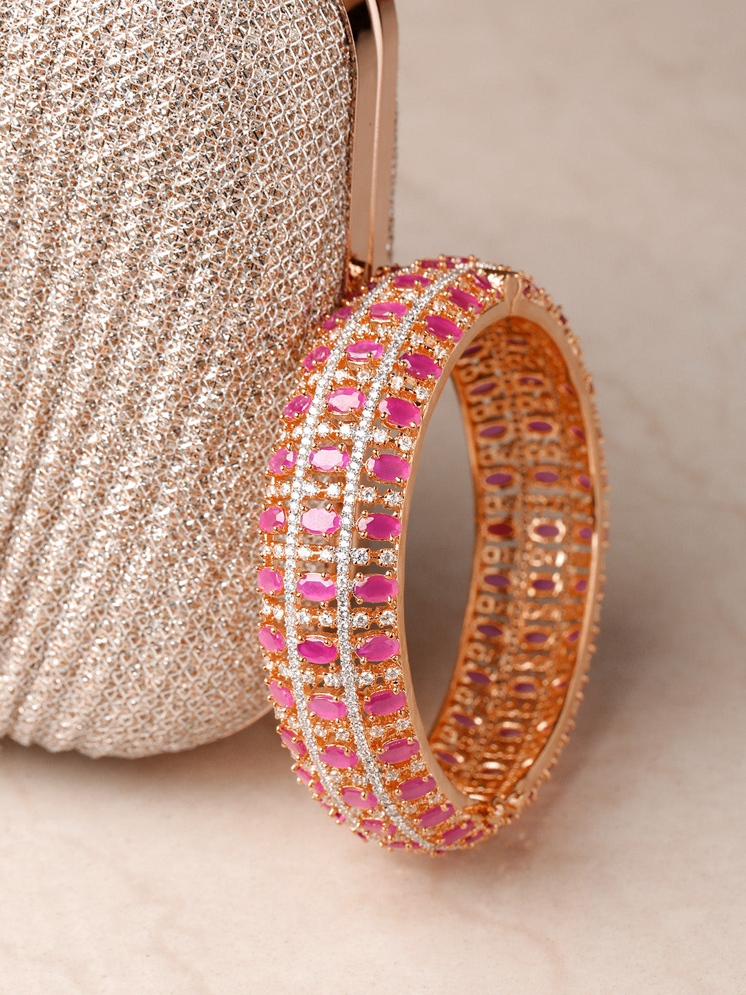 Rose Gold-Plated American Diamond Ruby Kada Bracelet in Magenta And White Color
