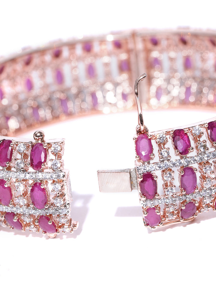 Rose Gold-Plated American Diamond Ruby Kada Bracelet in Magenta And White Color
