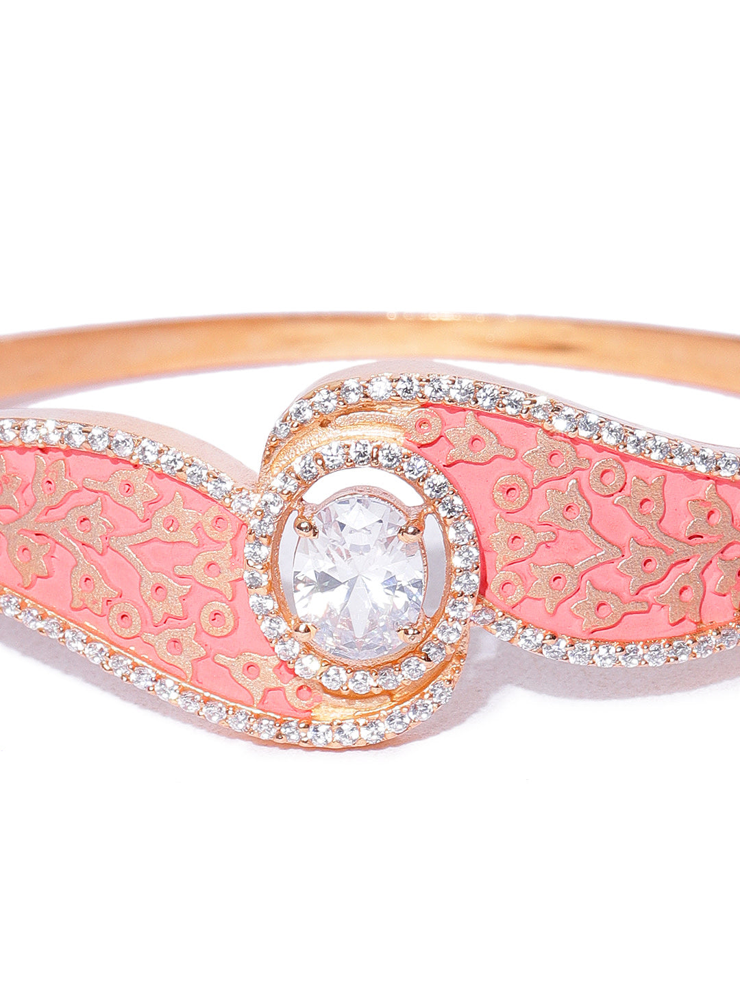 Gold-Plated American Diamond Studded, Meenakari Bracelet in Peach Color