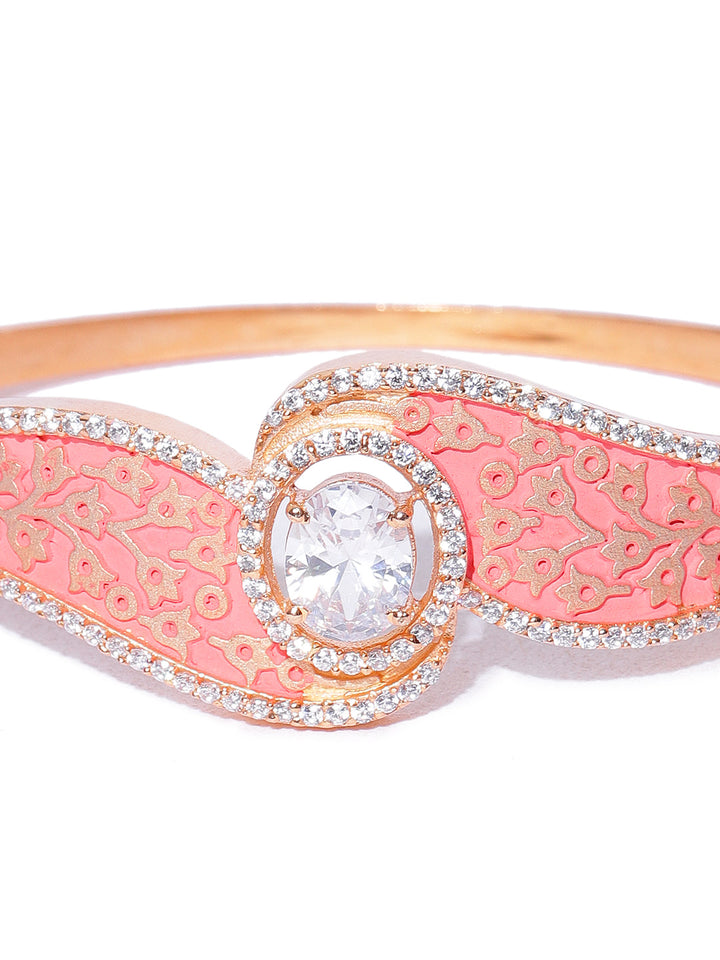 Gold-Plated American Diamond Studded, Meenakari Bracelet in Peach Color