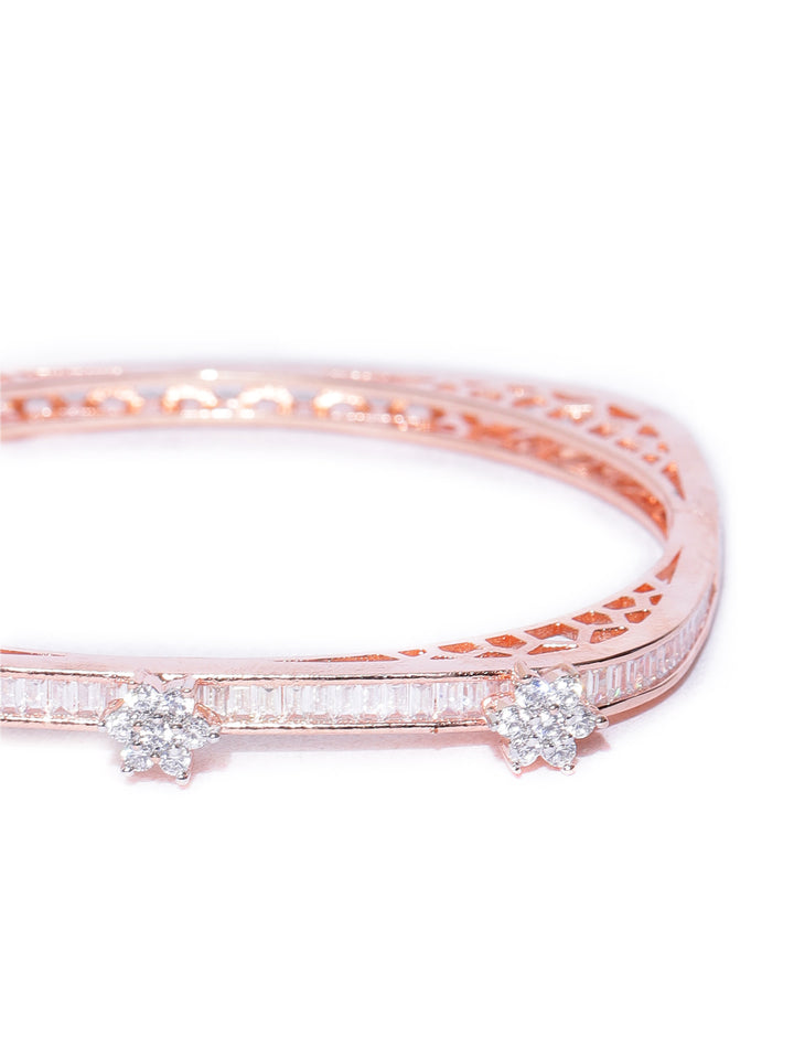 Rose Gold-Plated American Diamond Studded, Floral Patterned Bracelet in Square Shape