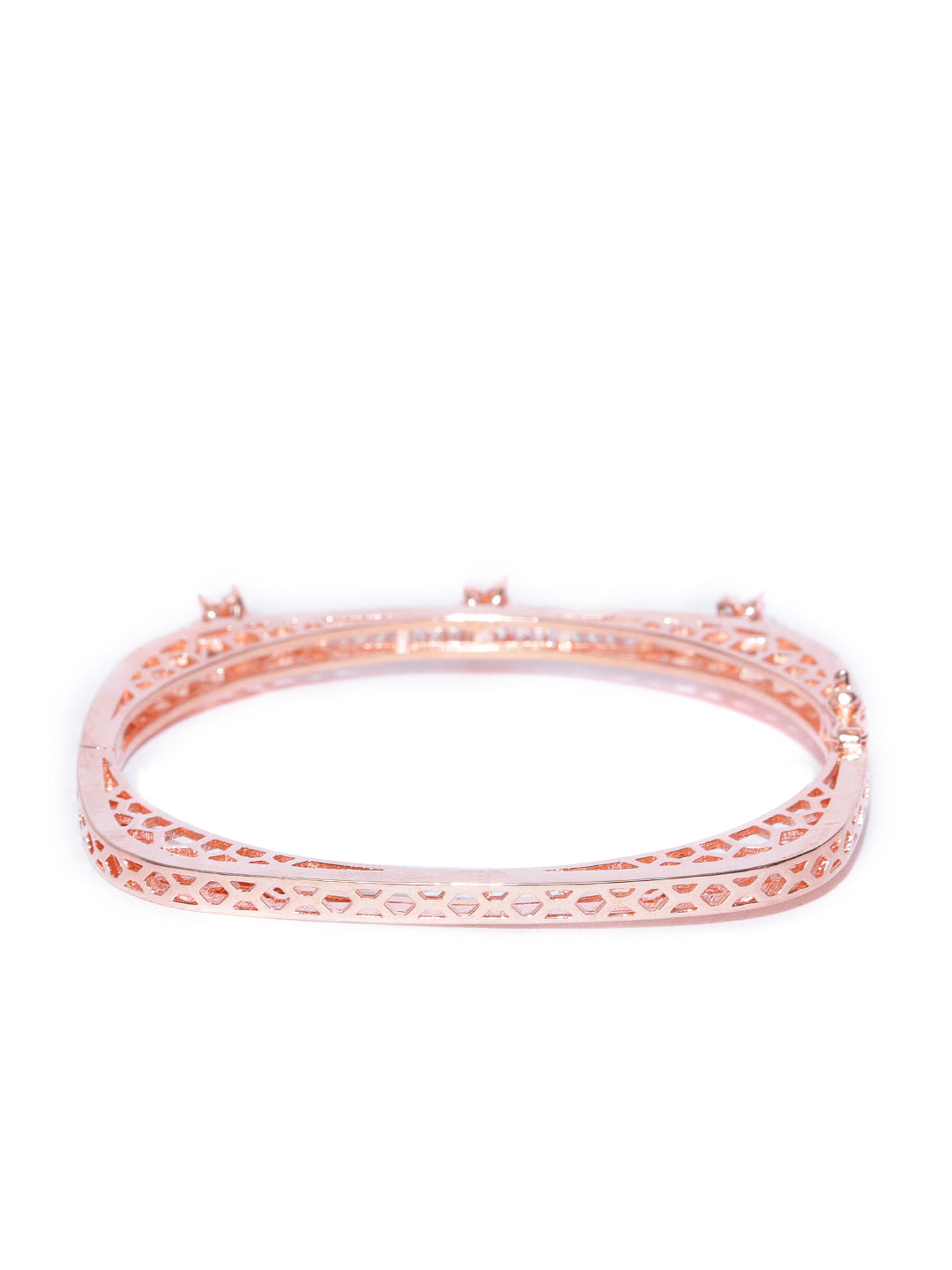 Rose Gold-Plated American Diamond Studded, Floral Patterned Bracelet in Square Shape