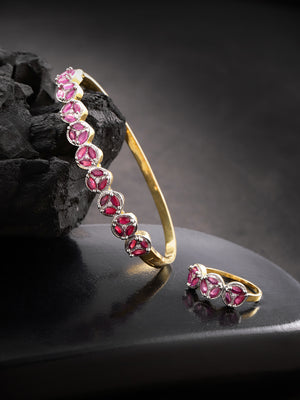 Gold-Plated American Diamond and Ruby Studded Bracelet With Finger Ring in Magenta Color