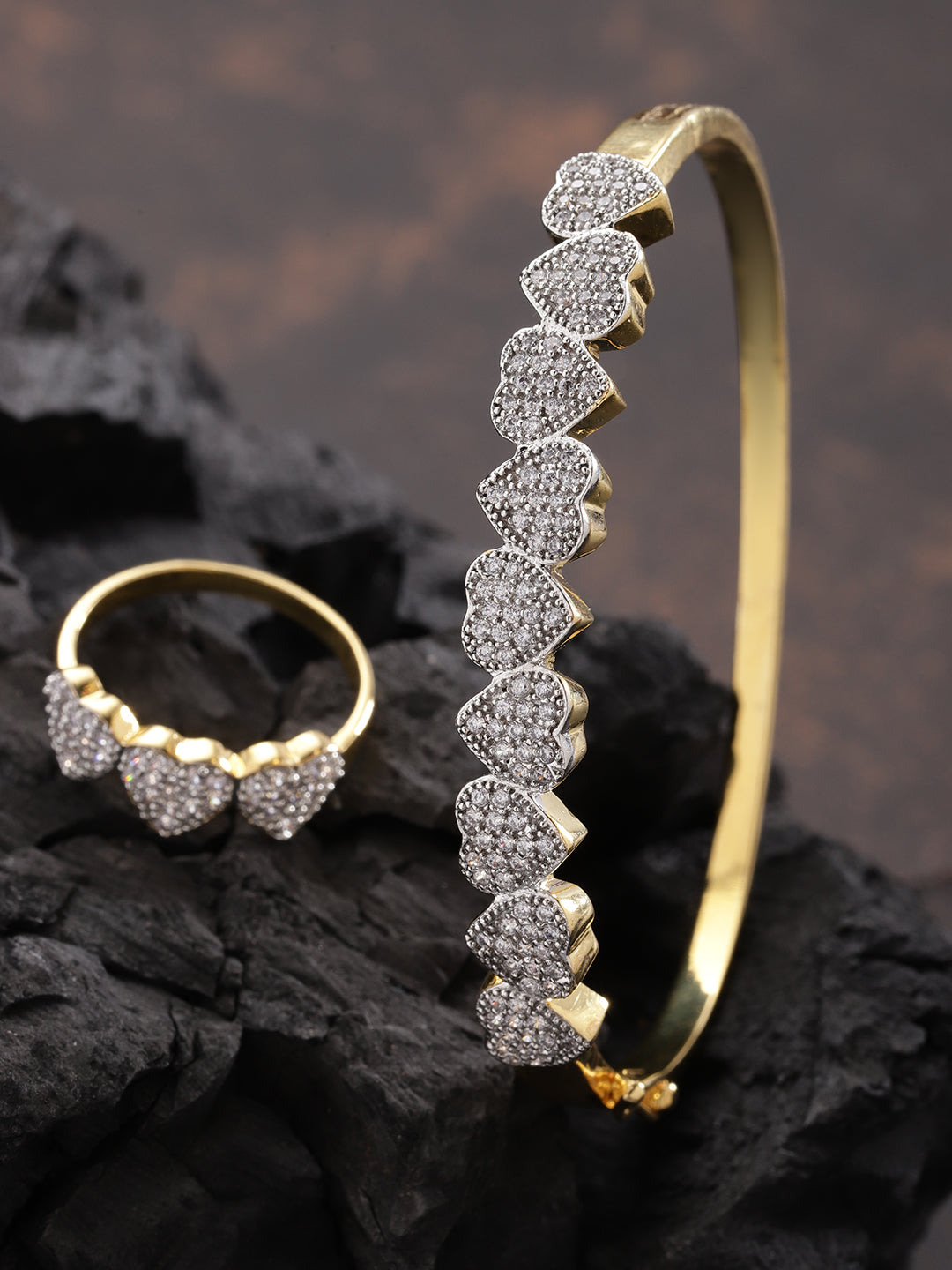 Priyaasi Gold-Plated American Diamond Studded Bracelet With Finger Ring in Heart Pattern