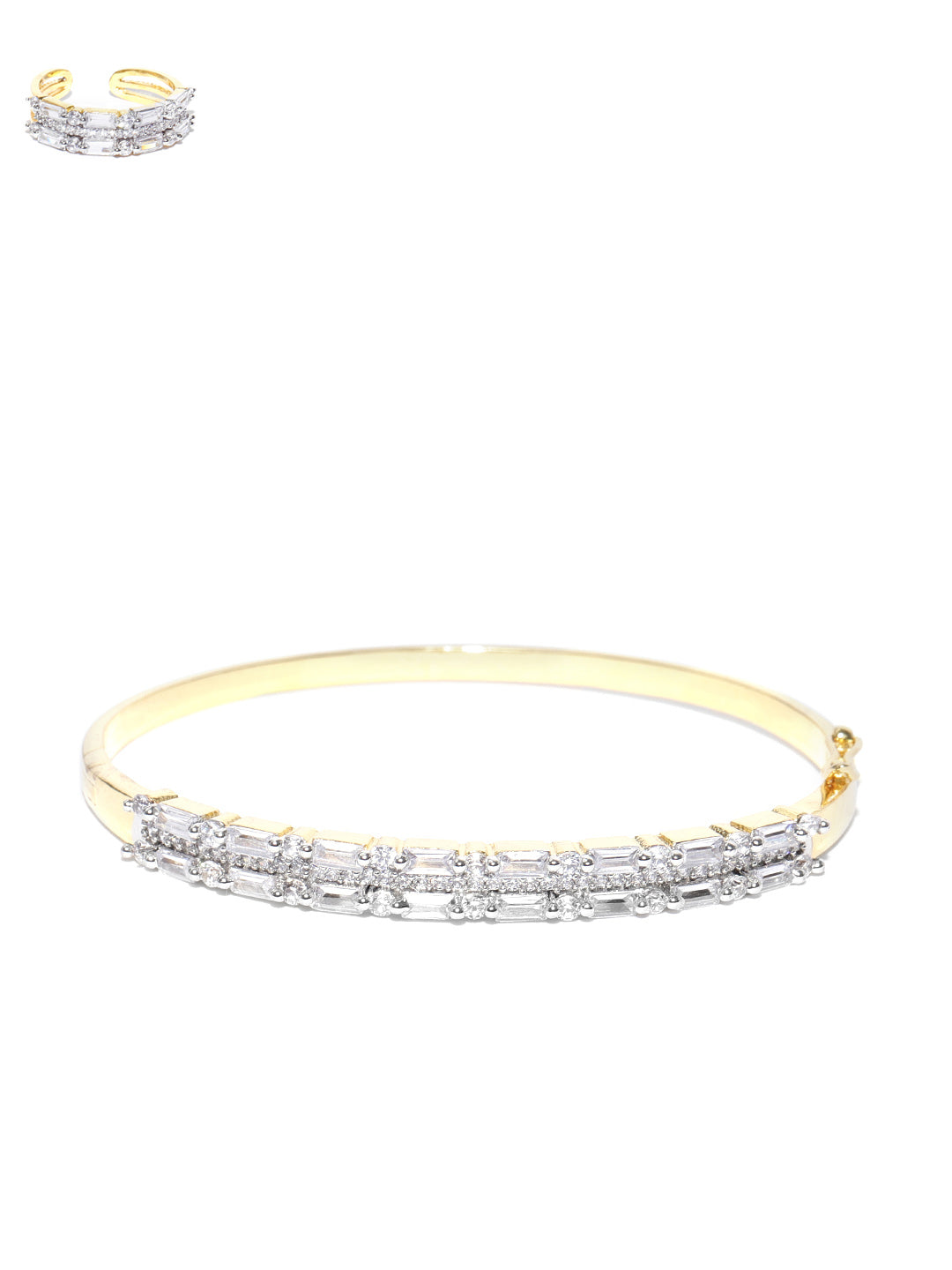 Gold-Plated American Diamond Studded Bracelet With Finger Ring