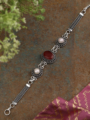 Oxidized Silver-Plated Pearls Studded Link Bracelet