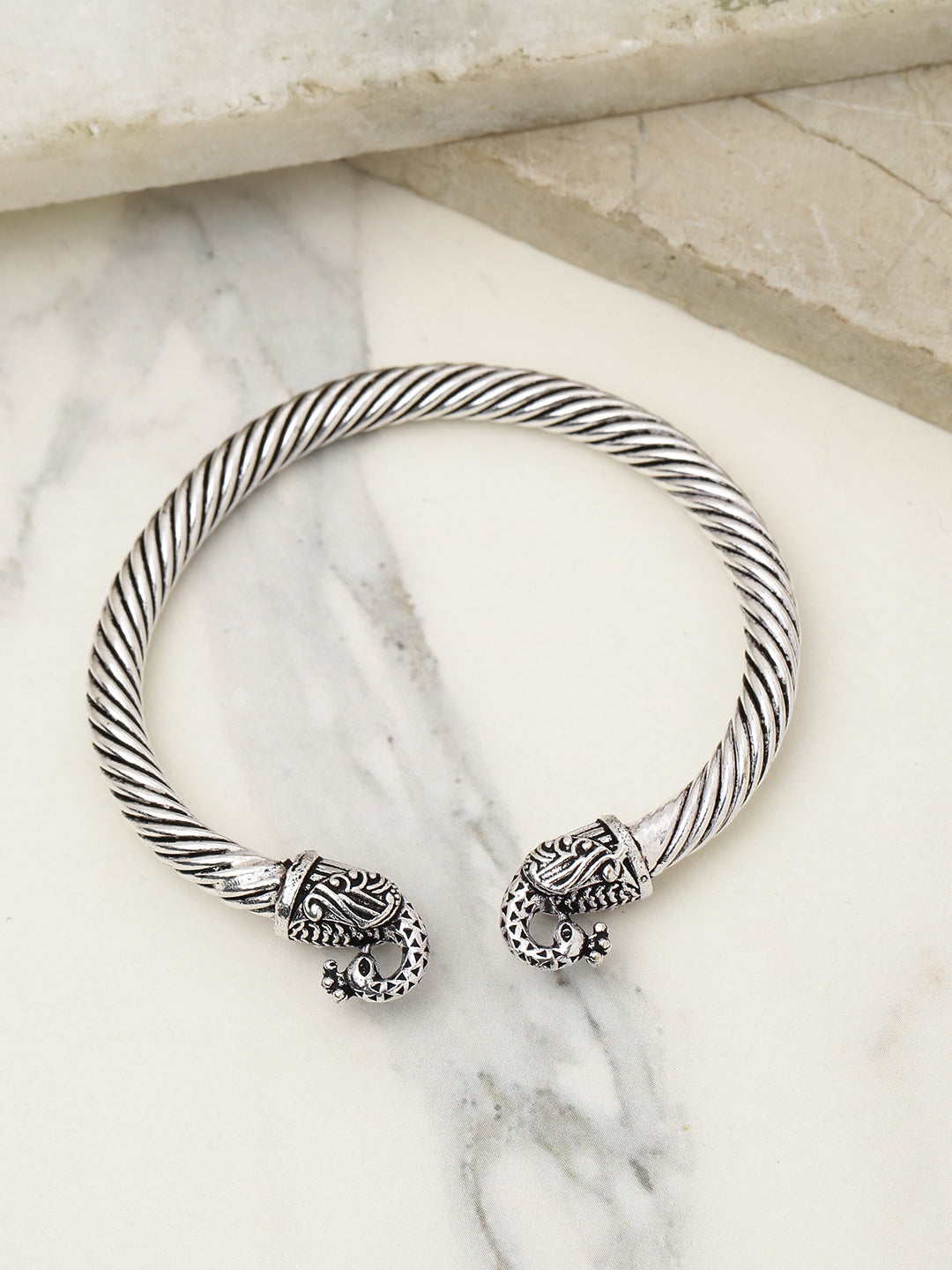 Oxidised Silver Peacock Inspired Twisted Rope Design Kada Bracelet