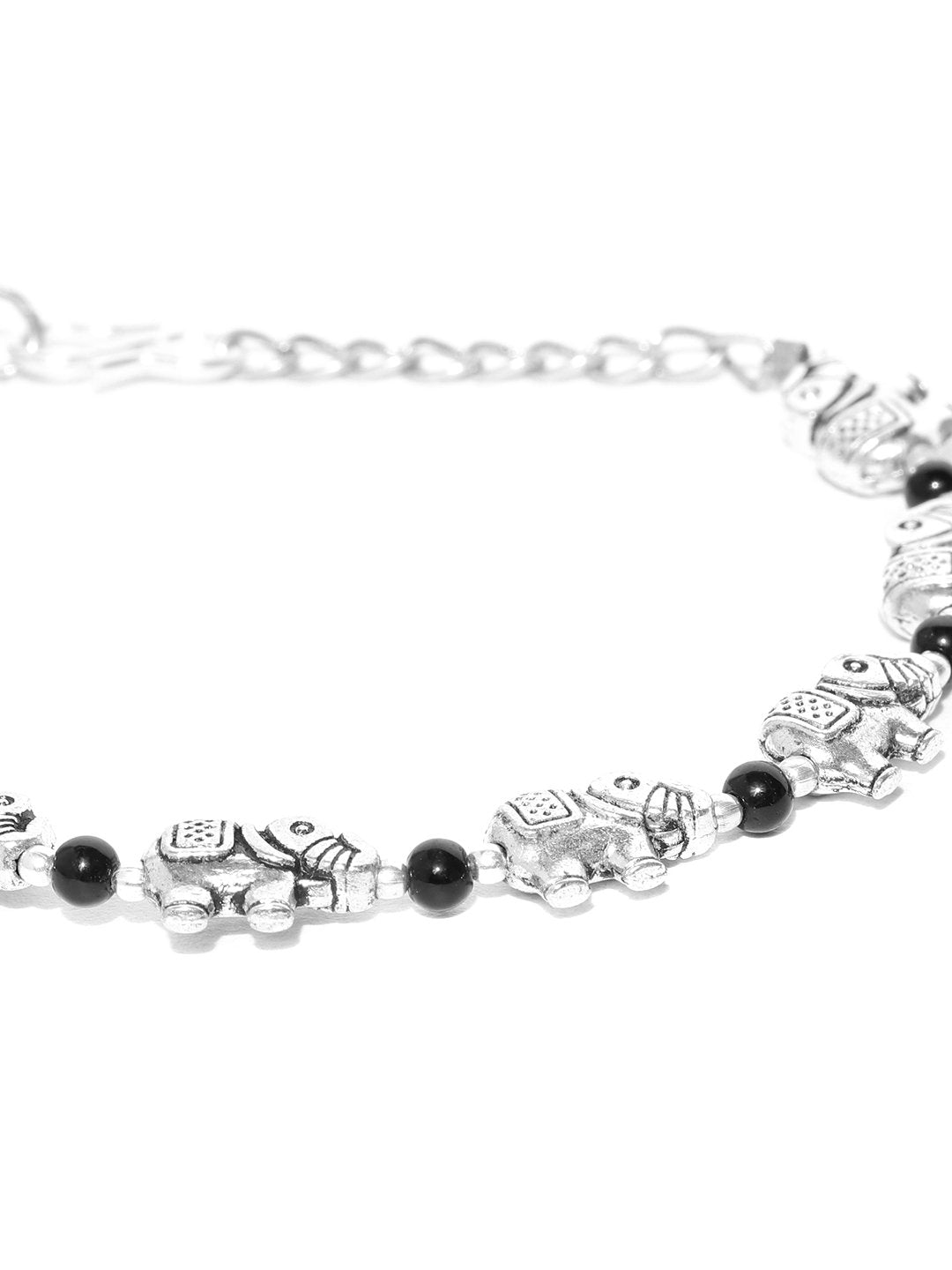 Antique Oxidised Silver-Toned Elephant Inspired Adjustable Chain Bracelet