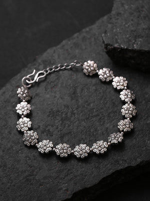 Oxidised Silver-Plated Floral Design Adjustable Chain Bracelet