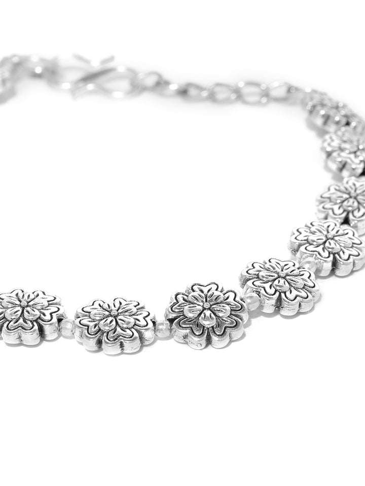 Oxidised Silver-Plated Floral Design Adjustable Chain Bracelet