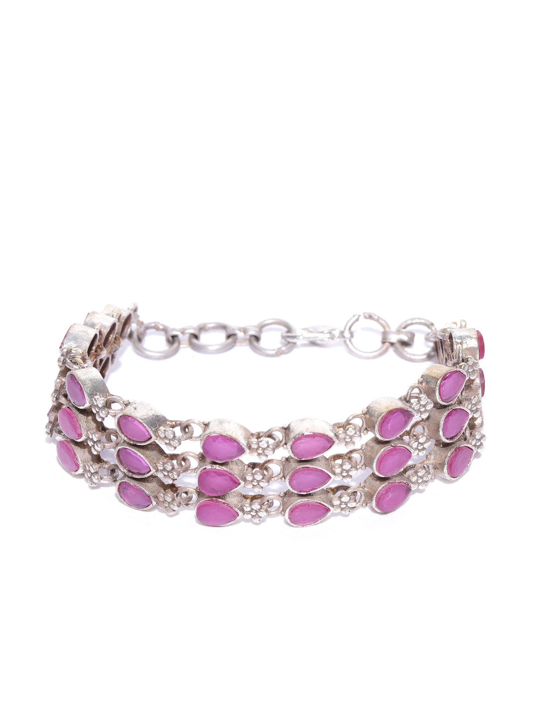 Silver-Plated Pink Stone Studded Foldable Free Size Bracelet