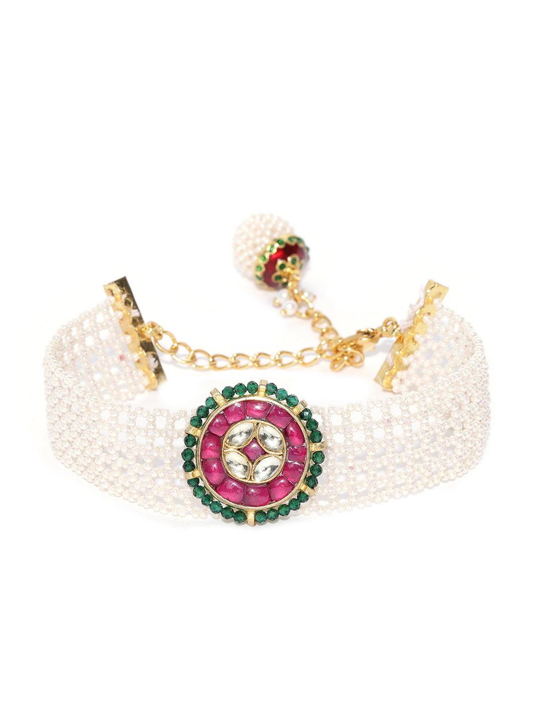 Gold-Plated Pachi Kundan Studded Link Bracelet in White and Magenta Color