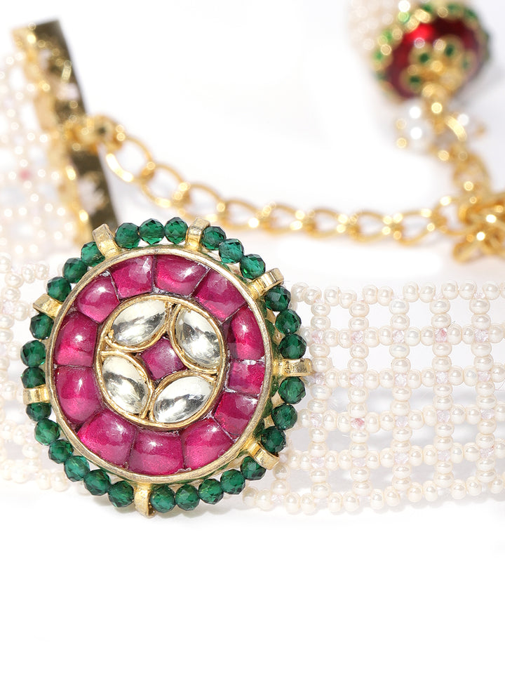 Gold-Plated Pachi Kundan Studded Link Bracelet in White and Magenta Color