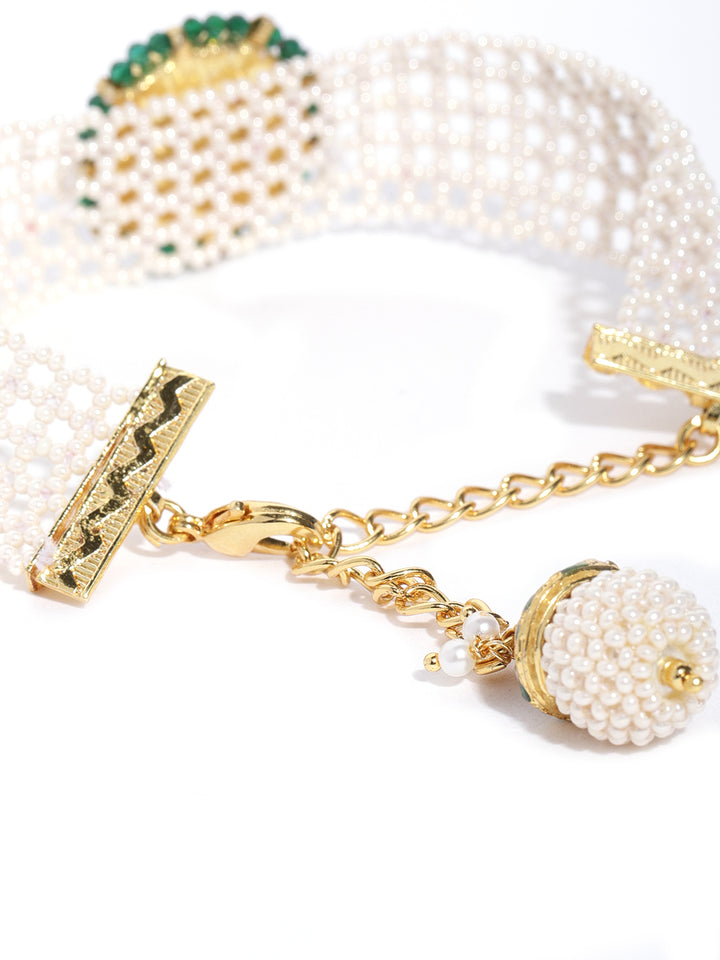 Gold-Plated Pachi Kundan Studded Link Bracelet in White and Magenta Color