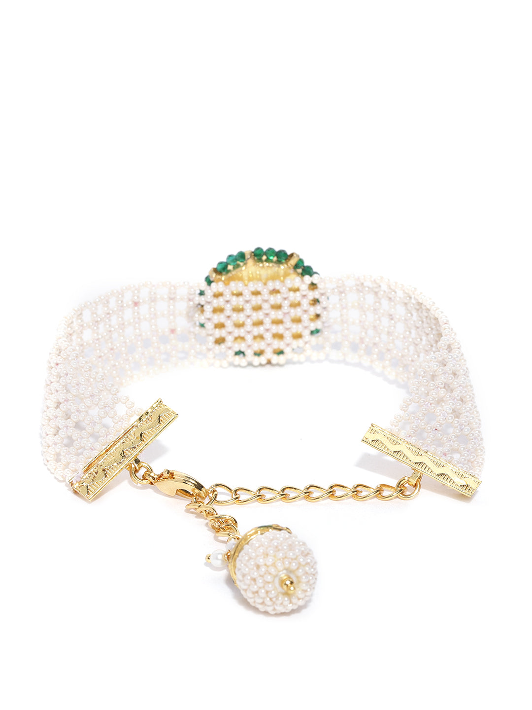 Gold-Plated Pachi Kundan Studded Link Bracelet in White and Magenta Color