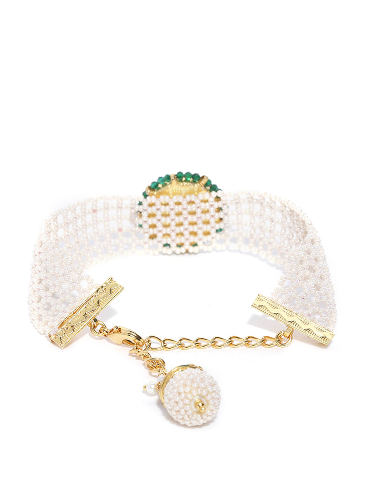 Gold-Plated Pachi Kundan Studded Link Bracelet in White and Magenta Color