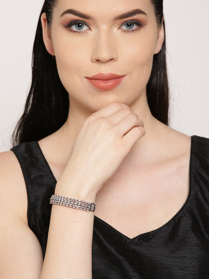 Sleek Strands - American Diamond Studded Gunmetal-Plated Kada Bracelet