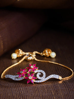 Priyaasi American Diamond and Ruby Studded Floral Patterned Link Bracelet in Magenta Color