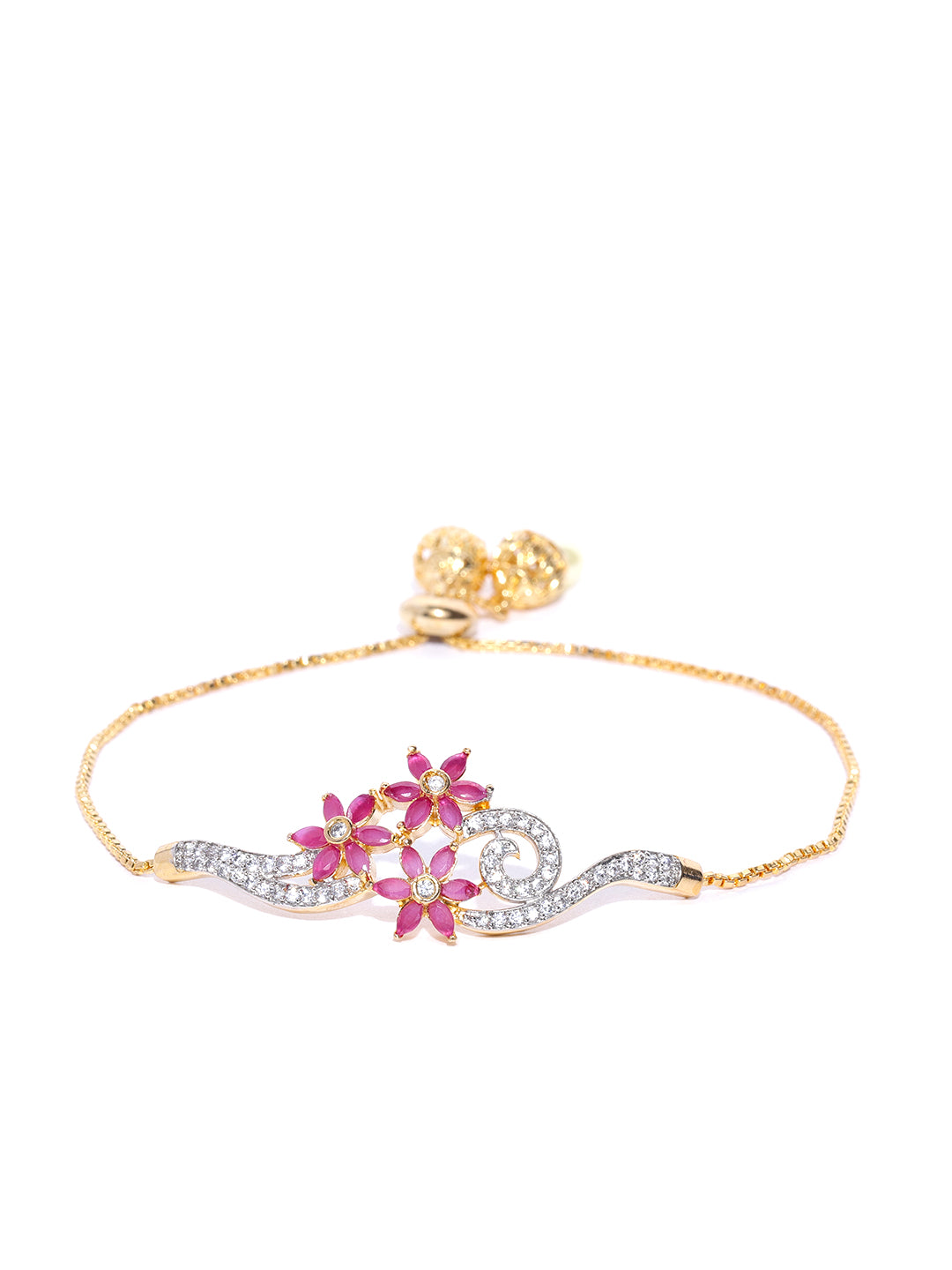 Priyaasi American Diamond and Ruby Studded Floral Patterned Link Bracelet in Magenta Color